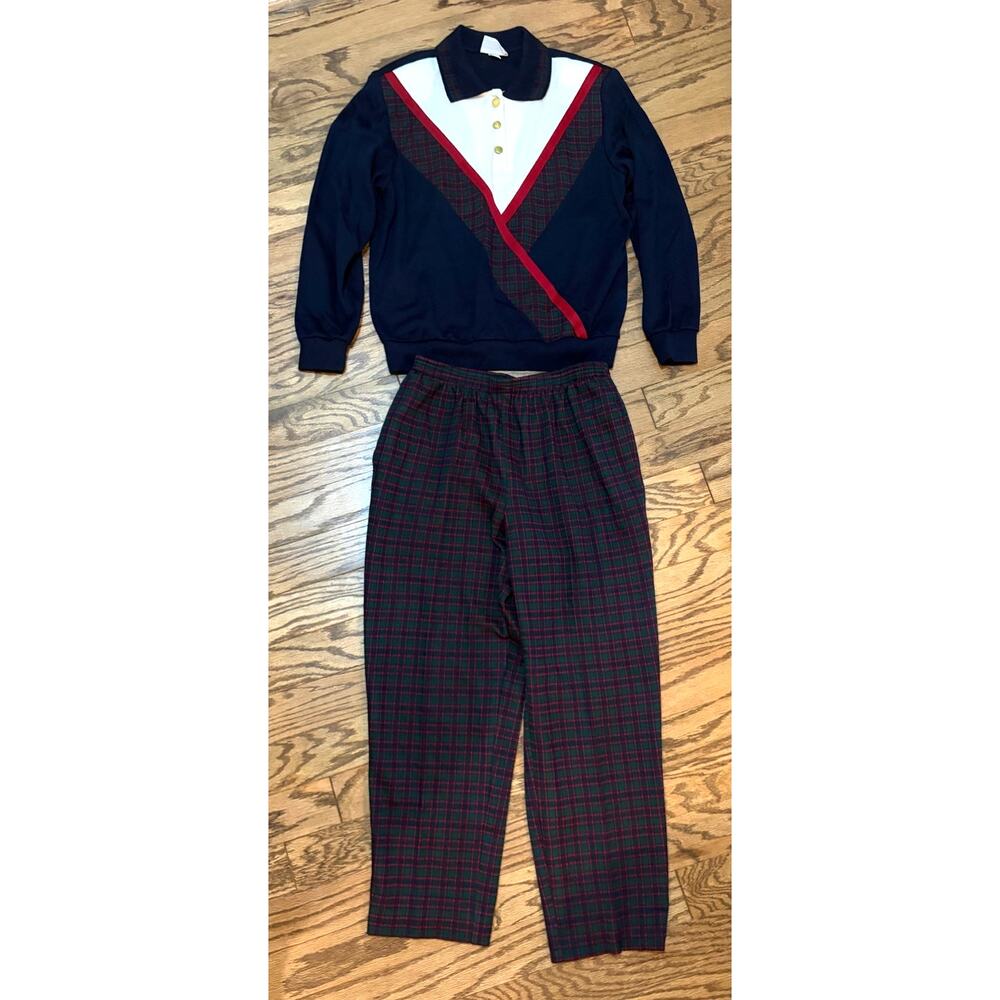 Alfred Dunner Colorblock Set Size 12/Small Plaid Pants & Polo‎ Top Navy 80's USA